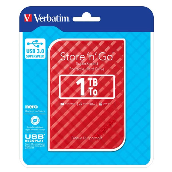 1TB Verbatim Store'n'Go SuperSpeed, Externí HDD 2,5" USB 3.0, 53203, červený