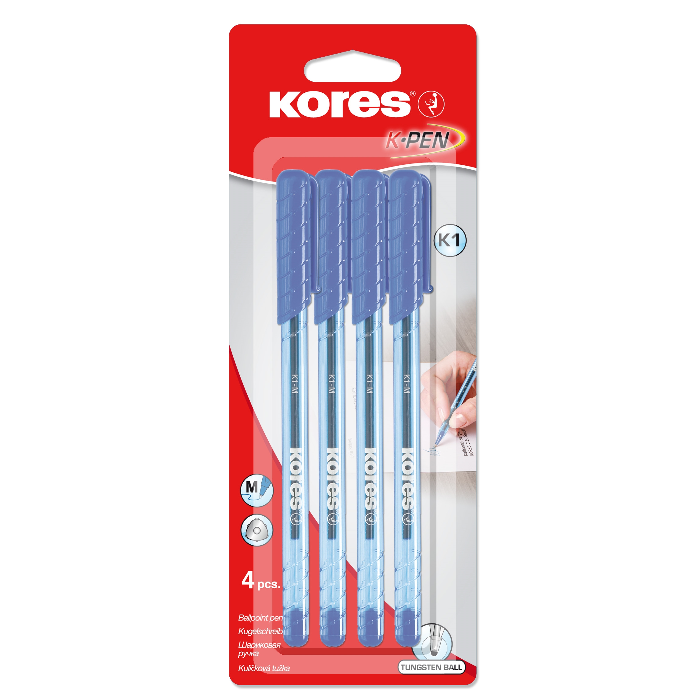 Kuličkové pero Kores K1 Pen, trojhranné, šíře M-1 mm, modrá, 4ks