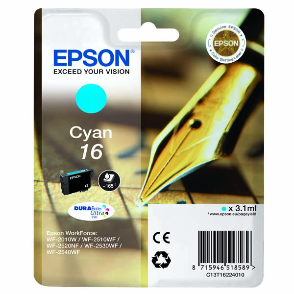 Inkoustová cartridge Epson C13T16224012, WF-2540WF, WF-2520NF, cyan, 16, originál