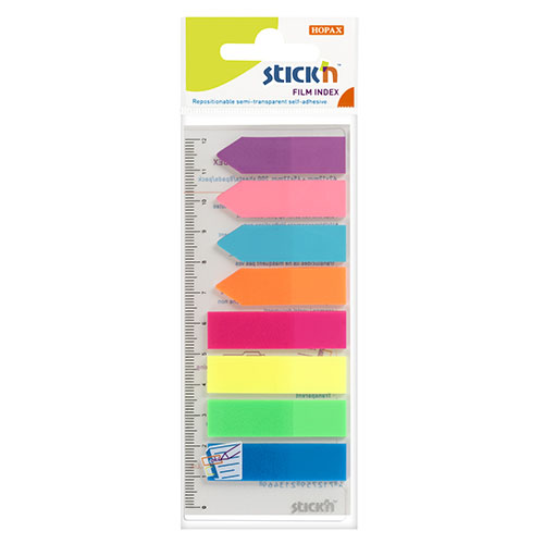 Plastové samolepicí záložky Stick'n neonové barvy s pravítkem, šipky, 45 x 12 mm