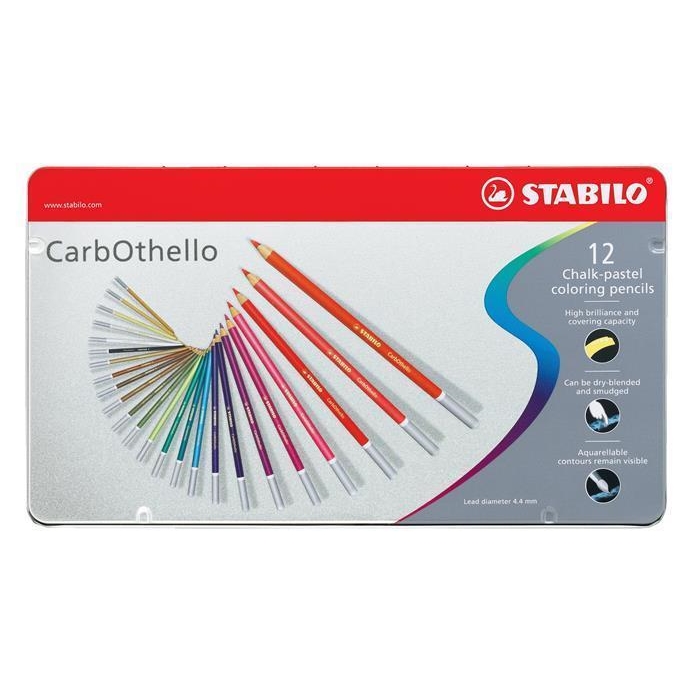Křídové pastelové barevné pastelky STABILO CarbOthello, 12 barev, kovová krabička