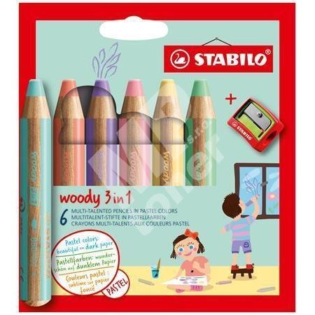Pastelky Stabilo Woody, maxi 3v1, pastelka, vodovka, voskovka, 6 pastelových barev 1