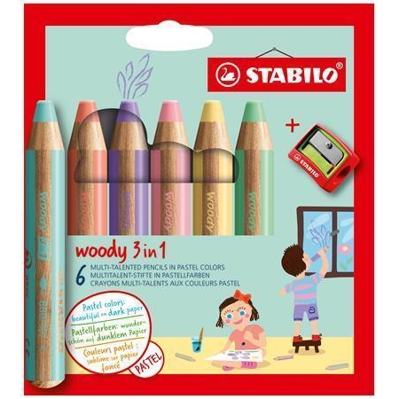 Pastelky Stabilo Woody, maxi 3v1, pastelka, vodovka, voskovka, 6 pastelových barev