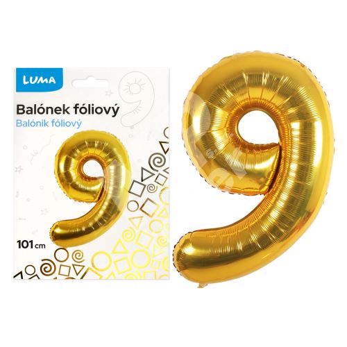 Balónek fóliový č. 9 ZLATÝ 101cm LUMA 1