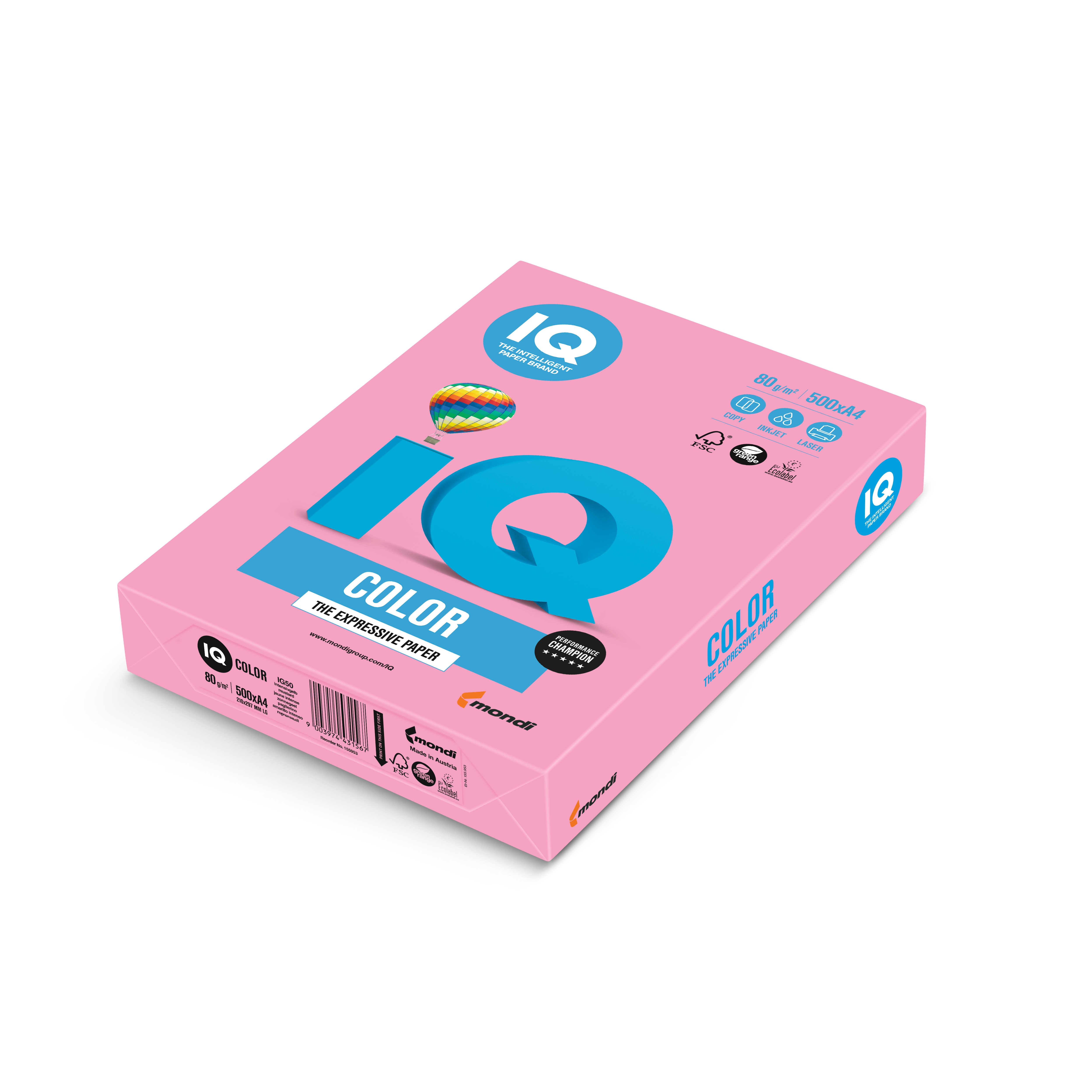Barevný papír IQ PI25, A4 160g pastelová růžová 1bal/250 listů