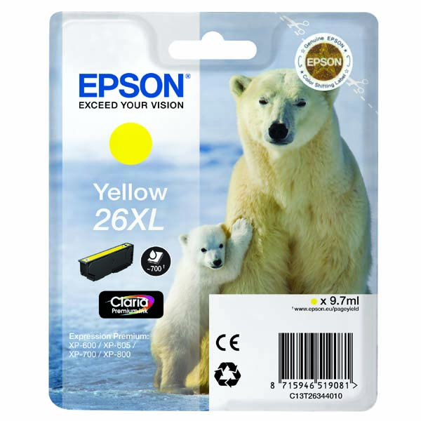 Inkoustová cartridge Epson C13T26344012, XP-800, XP-700, XP-600, yellow, 26XL, originál