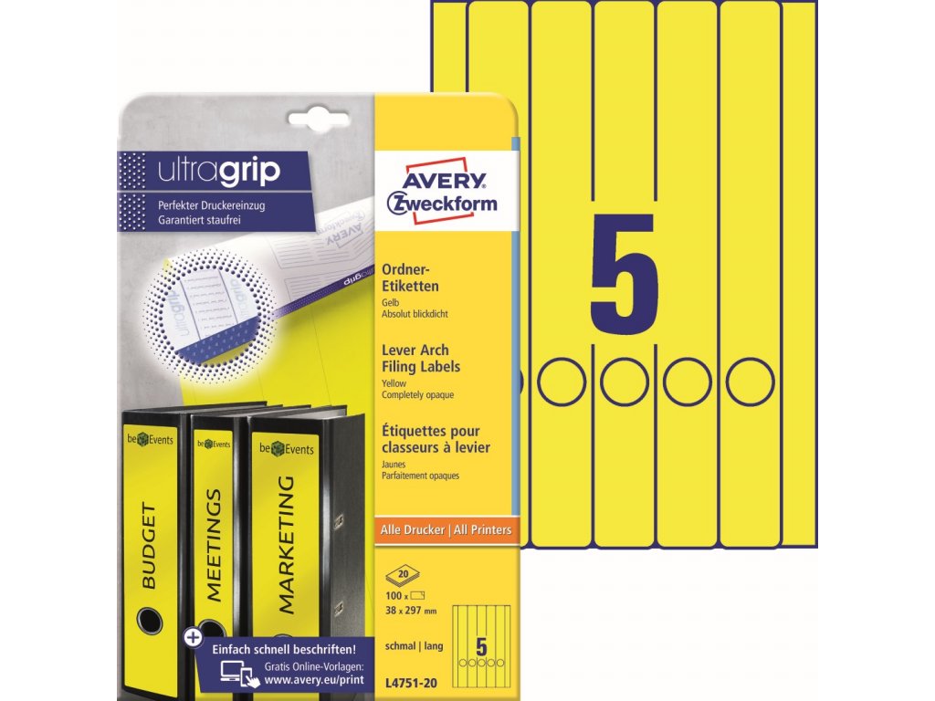 Barevné etikety na pořadače Ultragrip 38 x 297 mm, 20 listů A4, žlutá L4751-20