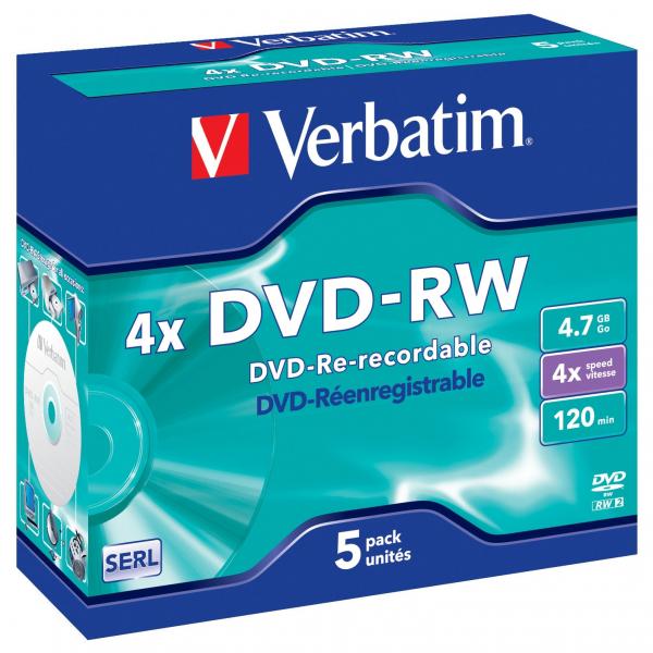 Verbatim DVD-RW, DataLife PLUS, 4,7 GB, Scratch Resistant, jewel box, 43285, 4x, 5-pack
