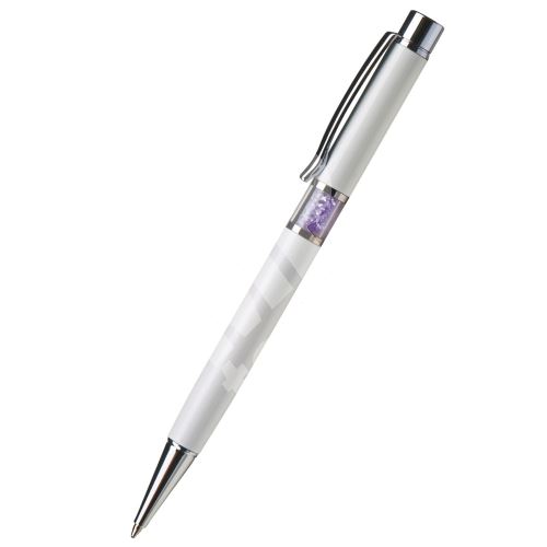 Kuličkové pero Art Crystella, bílá se světle fialovými krystaly Swarovski ve středu 2