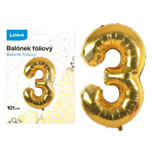 Balónek fóliový č. 3 ZLATÝ 101cm LUMA 1