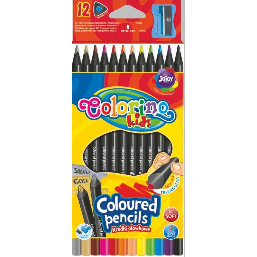 Pastelky trojhranné Colorino, černé dřevo, s ořezávátkem, 12 barev