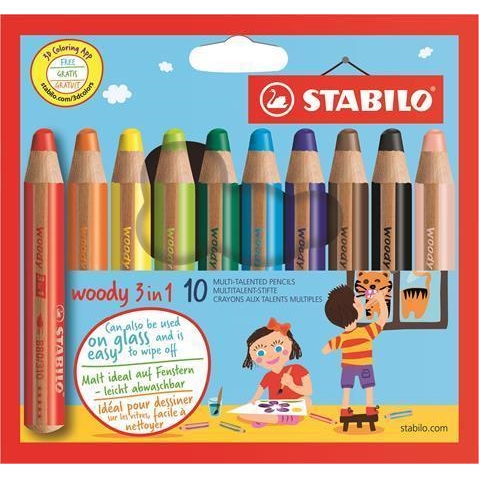 Barevné pastelky STABILO Woody, 10ks, 3v1 – pastelka, vodovka, voskovka