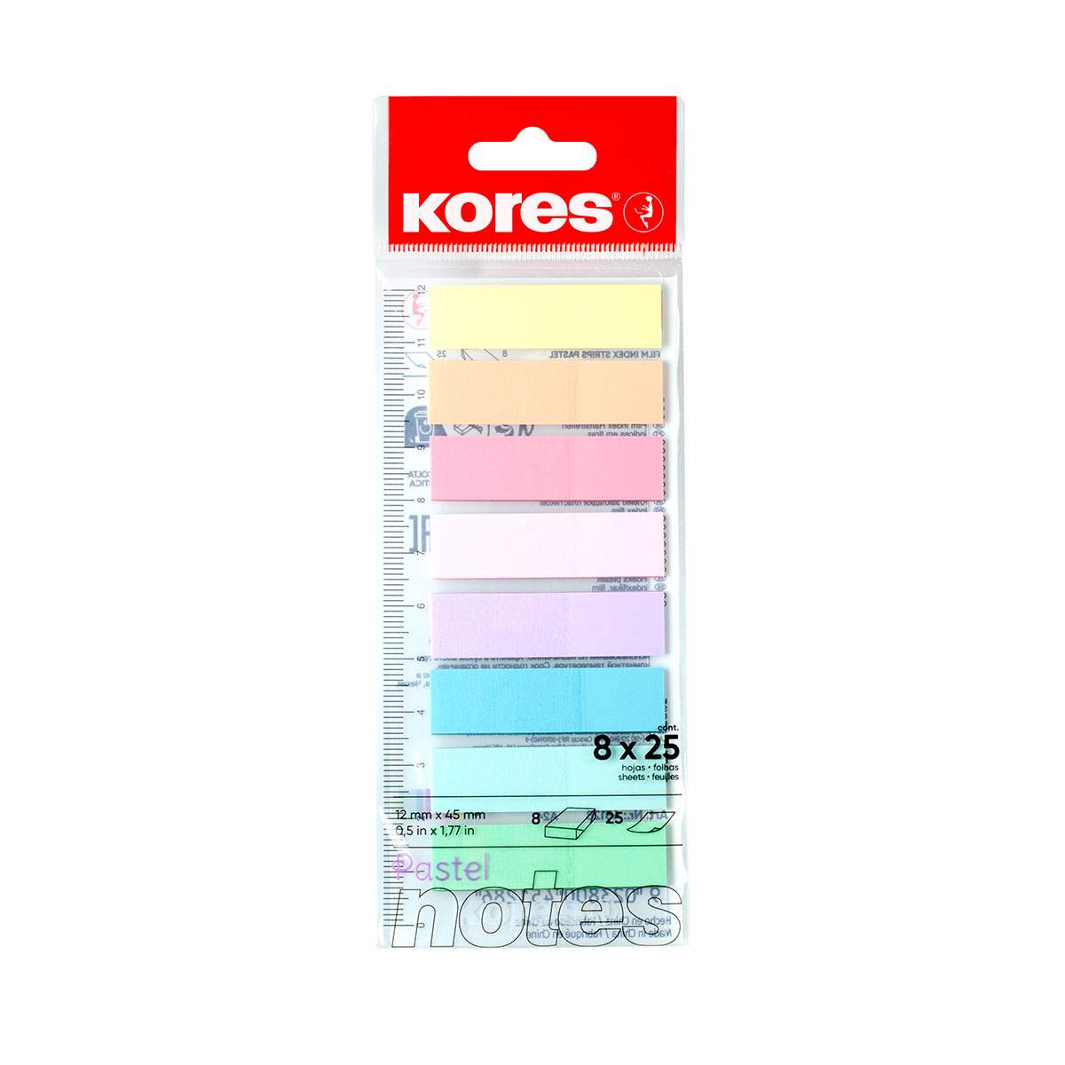 Pastelové záložky Kores Index Strips na pravítku 45x12 mm, 8 barev