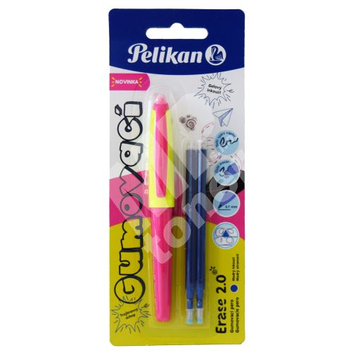 Gumovací pero Pelikan, neonově růžové,1 ks+2 náplně 1
