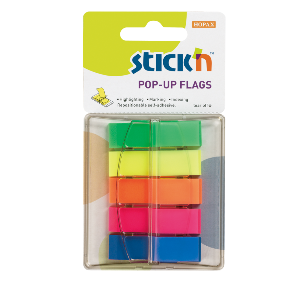 Samolepící záložky Stick'n Pop-Up 45x12mm, plastové, neon, 5 barev