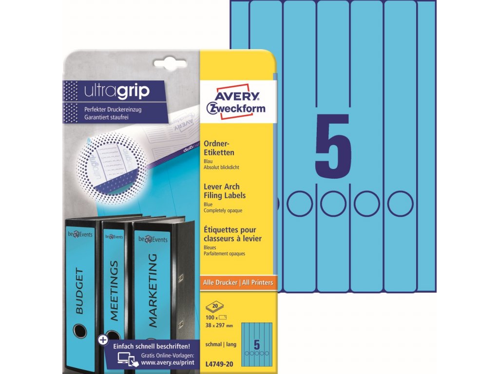 Barevné etikety na pořadače Ultragrip 38 x 297 mm, 20 listů A4, modrá L4749-20