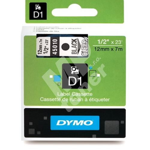Páska Dymo D1 12 mm x 7m, černý tisk/průhledný podklad, 45010, S0720500 1