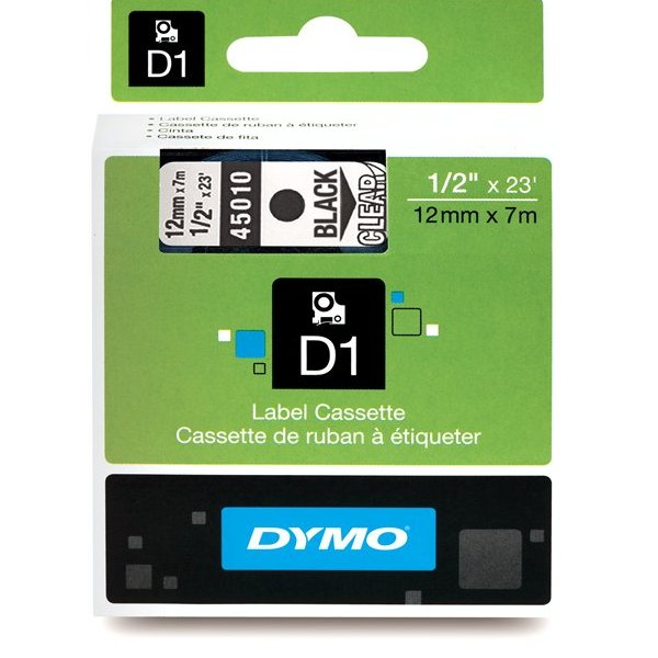 Páska Dymo D1 12 mm x 7m, černý tisk/průhledný podklad, 45010, S0720500