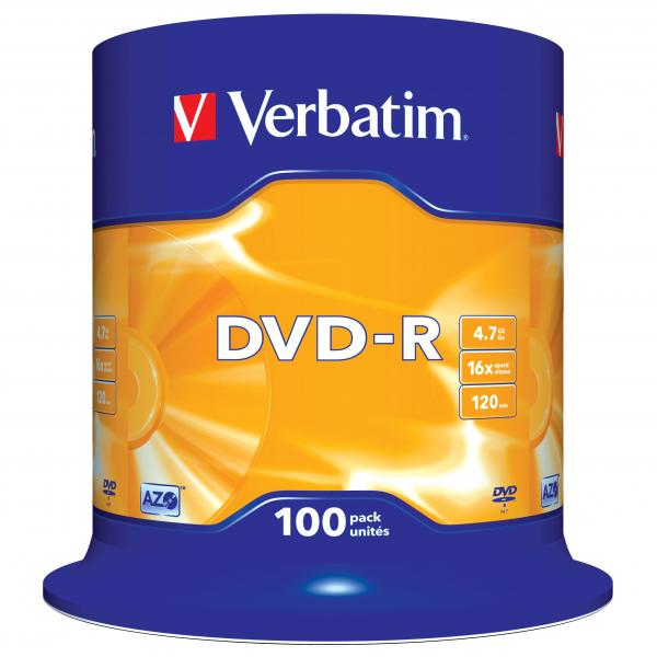Verbatim DVD-R, DataLife PLUS, 4,7 GB, Scratch Resistant, cake box, 43549, 100-pack
