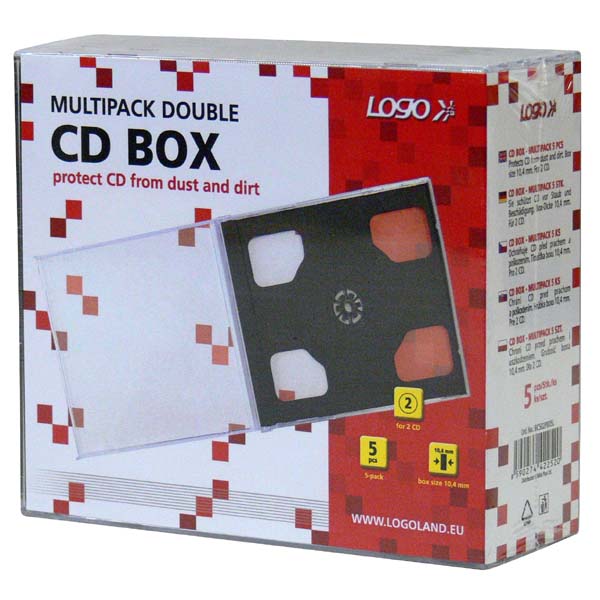 Box na 2ks CD, 10,4mm, průhledný, černý tray, 5-pack, Logo