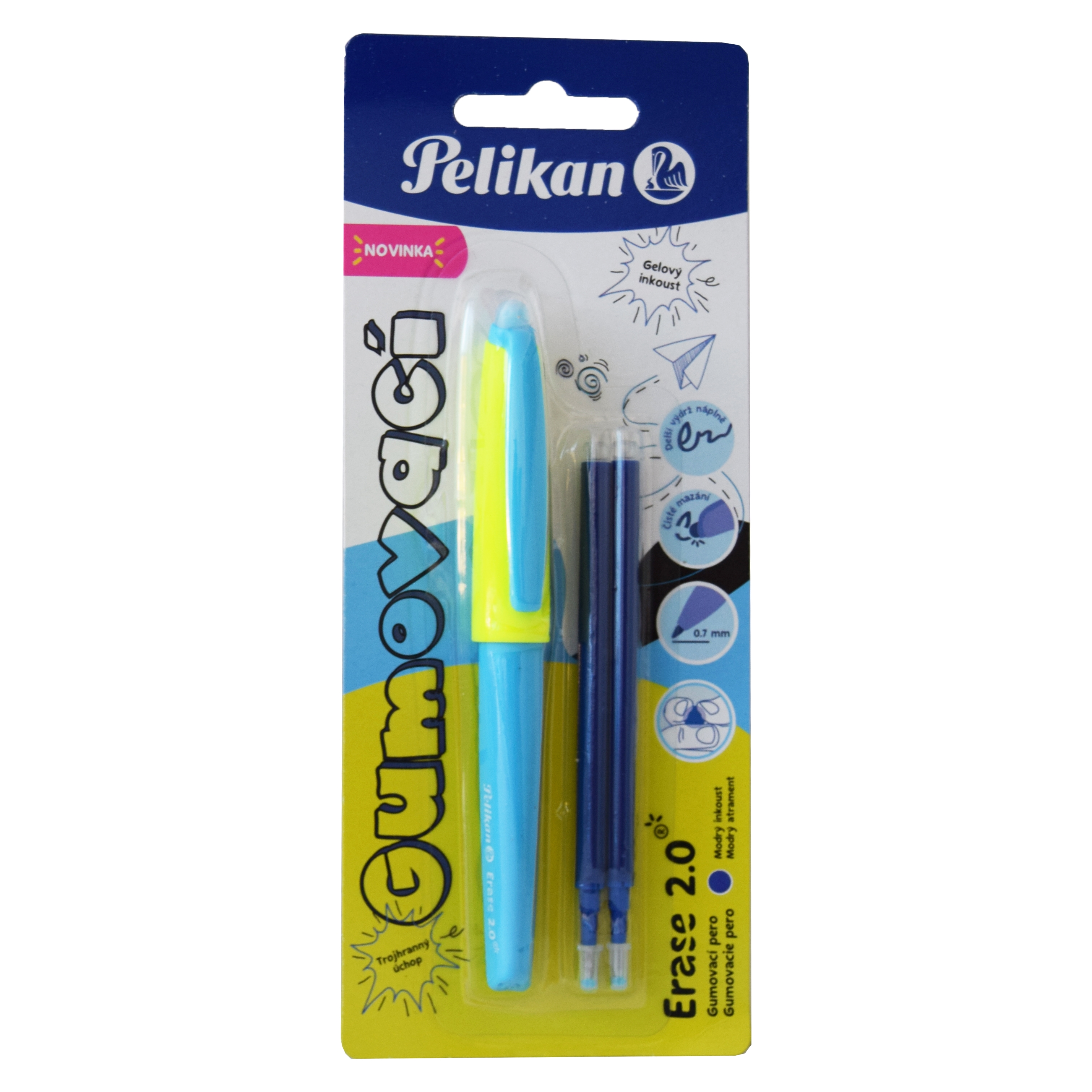 Gumovací pero Pelikan, neonově modré,1 ks+2 náplně