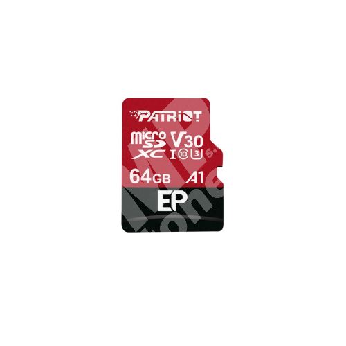 Patriot 64GB microSDXC V30 A1, class 10 U3 100/80MB/s + adapter 1