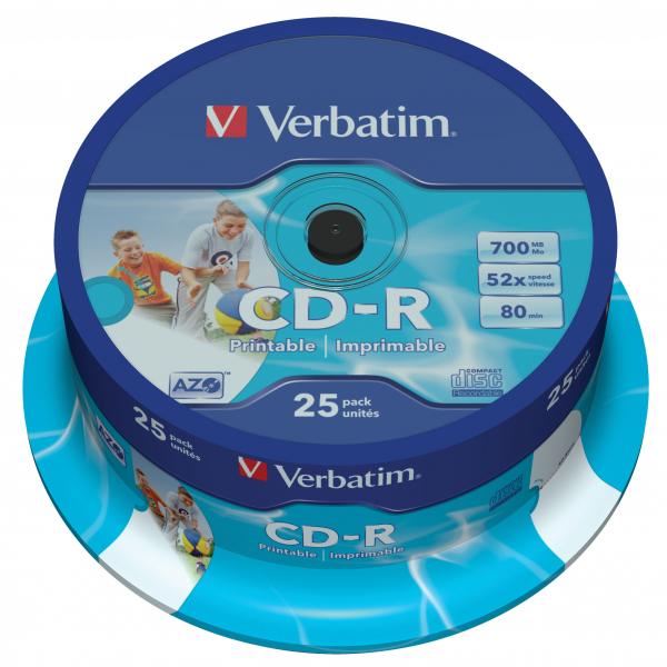 Verbatim CD-R, DataLife PLUS, 700 MB, Wide Printable, cake box, 43439, 52x, 25-pack
