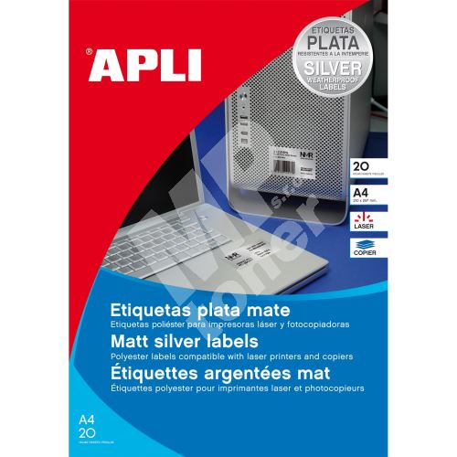 Univerzální etikety voděodolné Apli, 63,5 x 29,6 mm, stříbrné, 20 listů 1