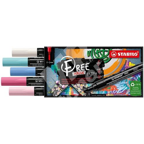 STABILO FREE Acrylic akrylový popisovač T300 Kulatý hrot 2-3 mm - Candy, sada 5 ks 1