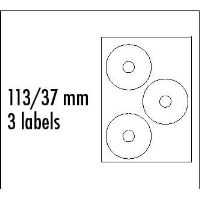 Etikety na CD 113/37 mm, A4, matné, bílé, 3 etikety, 140g/m2, baleno po 10ks, ink tisk Etikety na CD 113/37 mm, A4, matné, bílé, 3 etikety, 140g/m2, baleno po 10ks, ink tisk