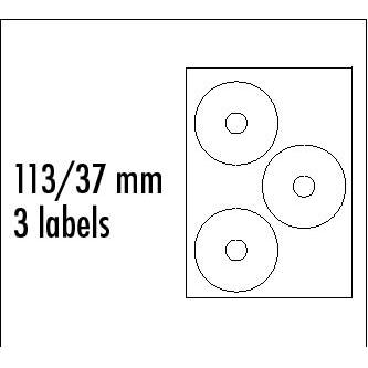Etikety na CD 113/37 mm, A4, matné, bílé, 3 etikety, 140g/m2, baleno po 10ks, ink tisk