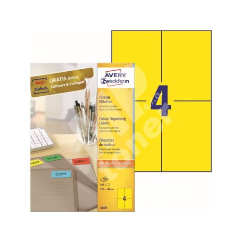Barevné etikety univerzální AVERY 105x148 mm 100 listů A4 žluté - 3459 1
