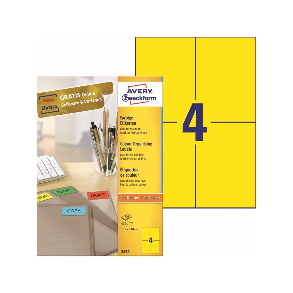 Barevné etikety univerzální AVERY 105 x 148 mm 100 listů A4 žluté - 3459