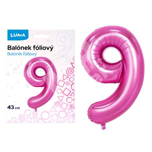 Balónek fóliový  č. 9  RŮŽOVÝ 43cm LUMA 1