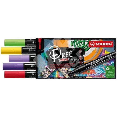 STABILO FREE Acrylic akrylový popisovač T300 Kulatý hrot 2-3 mm - Vibrant, sada 5 ks 1