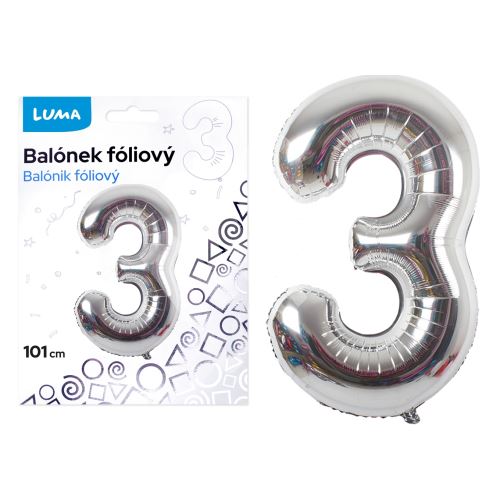Balónek fóliový č. 3 STŘÍBRNÝ 101cm LUMA 1