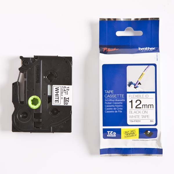 Páska do štítkovače Brother TZe-FX231, 12mm, černý tisk/bílý podklad, flexi, originál