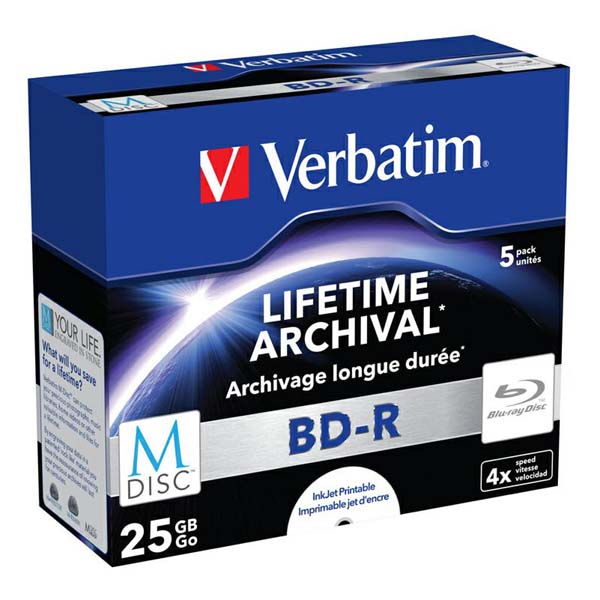 25GB Verbatim BD-R, M-DISC, Single layer/Injekt printable, jewel, 43823, 4x, 5-pack