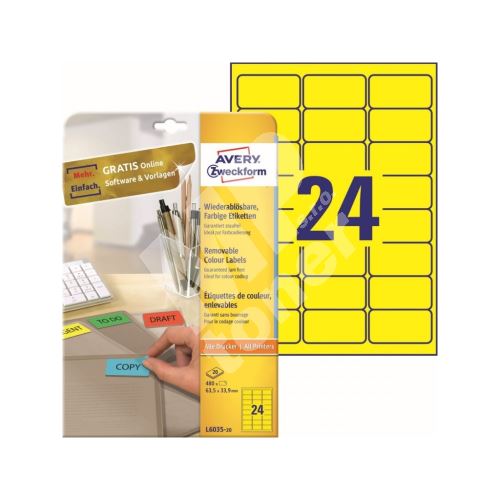 Barevné samolepící etikety 63,5 x 33,9 mm, 20 listů A4, žlutá L6035-20 1
