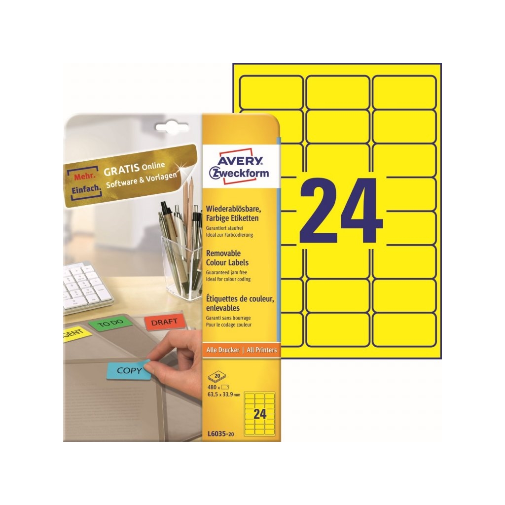 Barevné samolepící etikety 63,5 x 33,9 mm, 20 listů A4, žlutá L6035-20