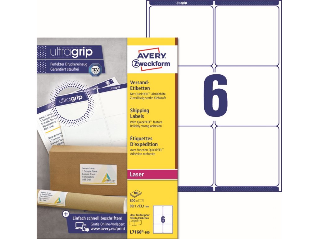 Etikety na balíky Ultragrip 99,1 x 93,1 mm, 100 listů A4 L7166-100