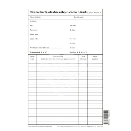 Revizní karta elektrického přenosného nářadí A4, OP1226 1