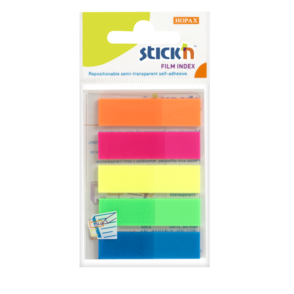 Samolepící záložky Stick'n 45x12mm, plastové, 5 barev