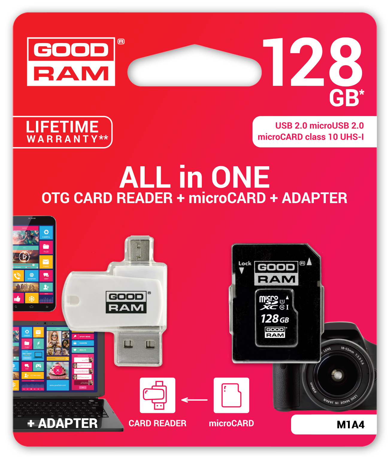 128GB Goodram All-In-One, sada micro SDXC adaptéru a čtečky karet, M1A4-1280R12, UHS-I