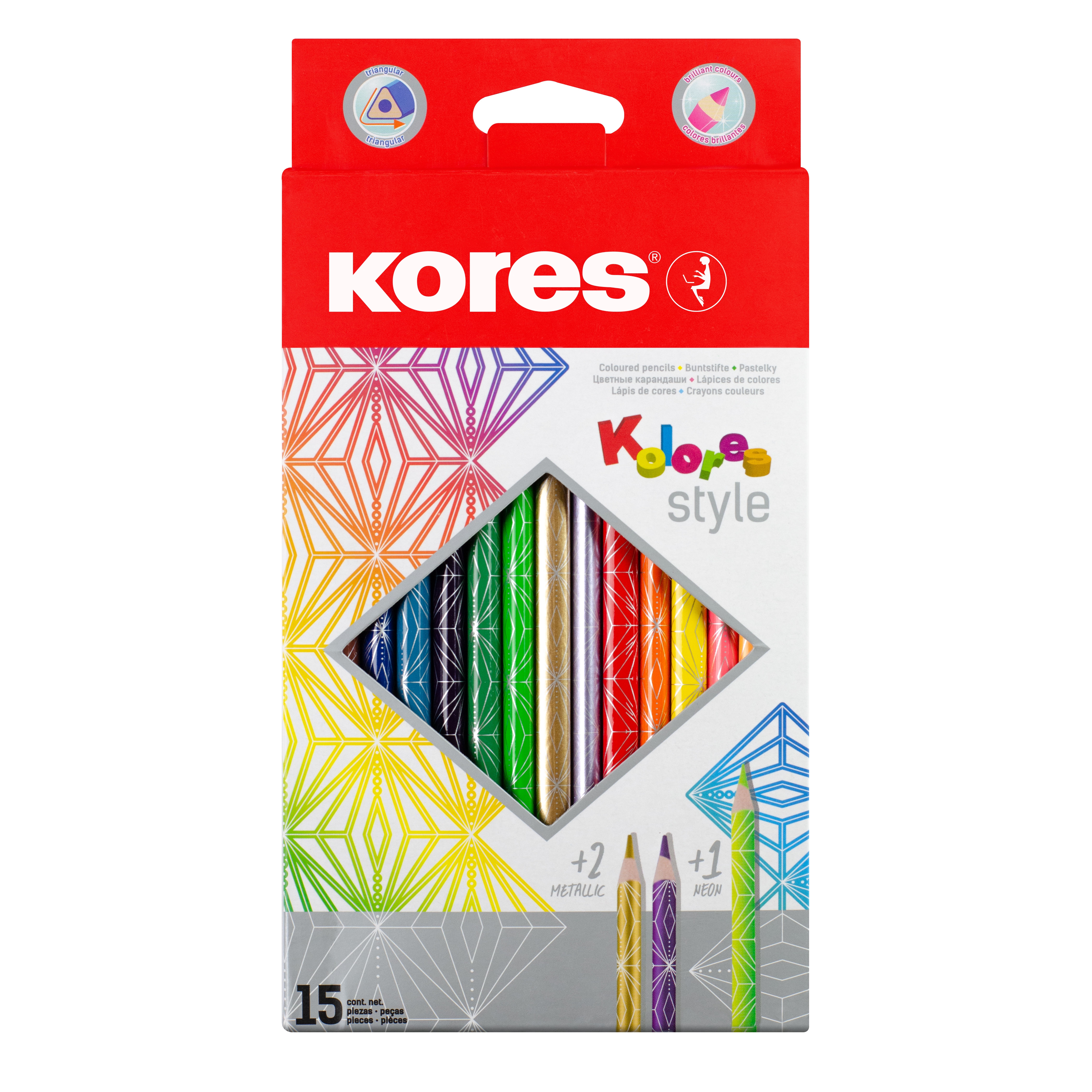 Pastelky Kores Kolores Style, trojhranné, 15 barev