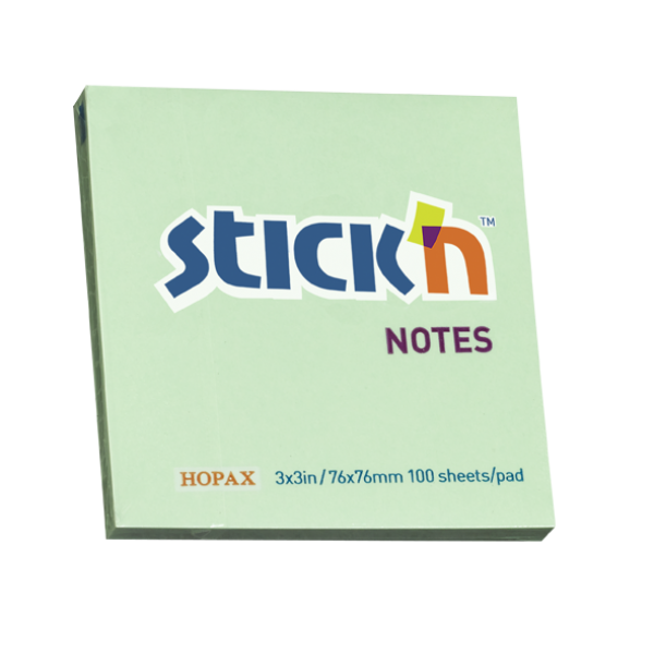 Samolepící bloček Stick'n 76x76mm, pastelově zelená, 100 lístků
