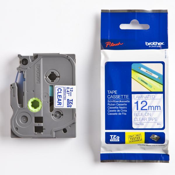 Páska do štítkovače Brother TZ-133, 12mm, modrý tisk/průsvitný podklad, originál