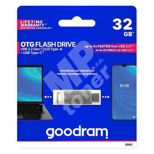 32GB Goodram ODA3, USB flash disk 3.0, USB + USB-C, stříbrný 1