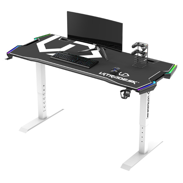 Herní stůl Ultradesk Force Snow, 166x70x66-86cm, 5 úrovní výšky, s XXL podložkou, bílý
