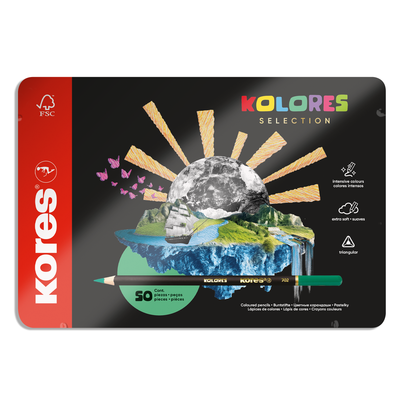 Pastelky Kores Kolores Selection, trojhranné 3mm, plechový box, 50 barev